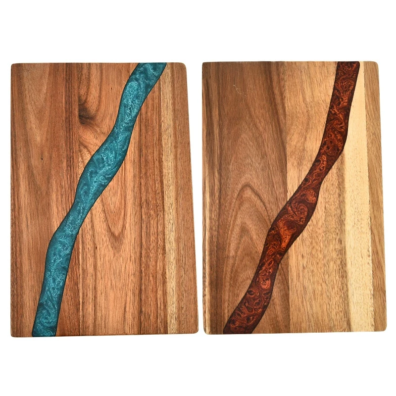 Blue and red resin cutting board set in acacia wood