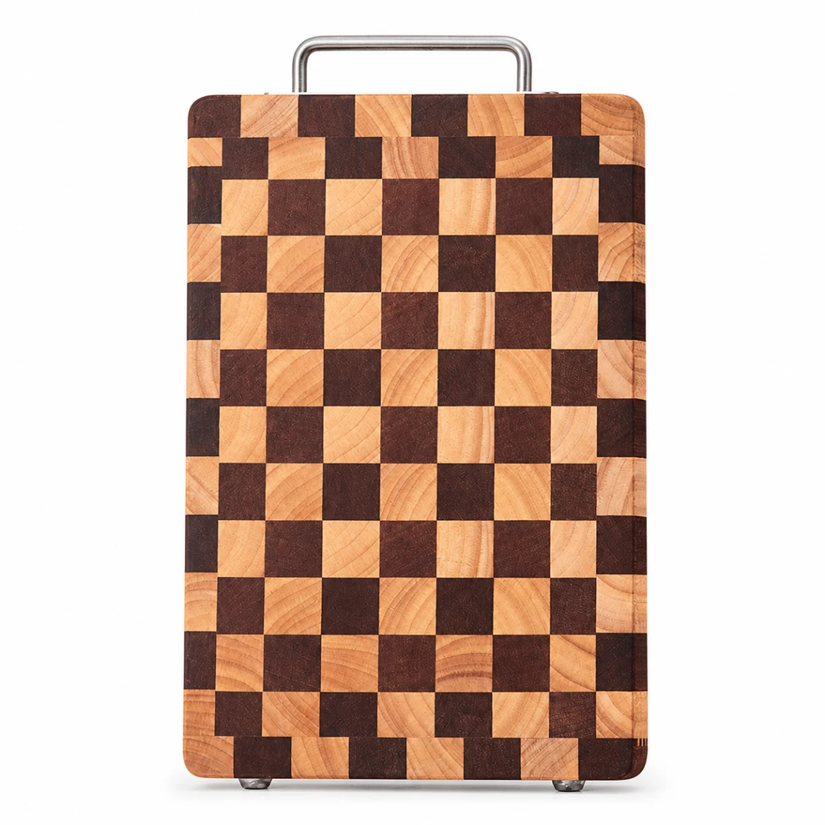 Checkerboard wood cutting board with alloy carrying handle