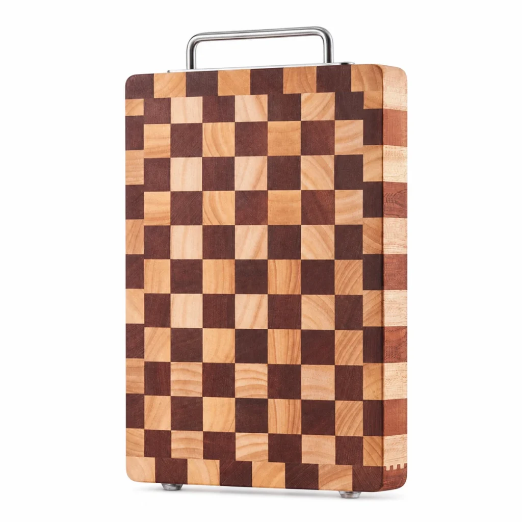 Checkerboard wood cutting board with alloy handle on white background