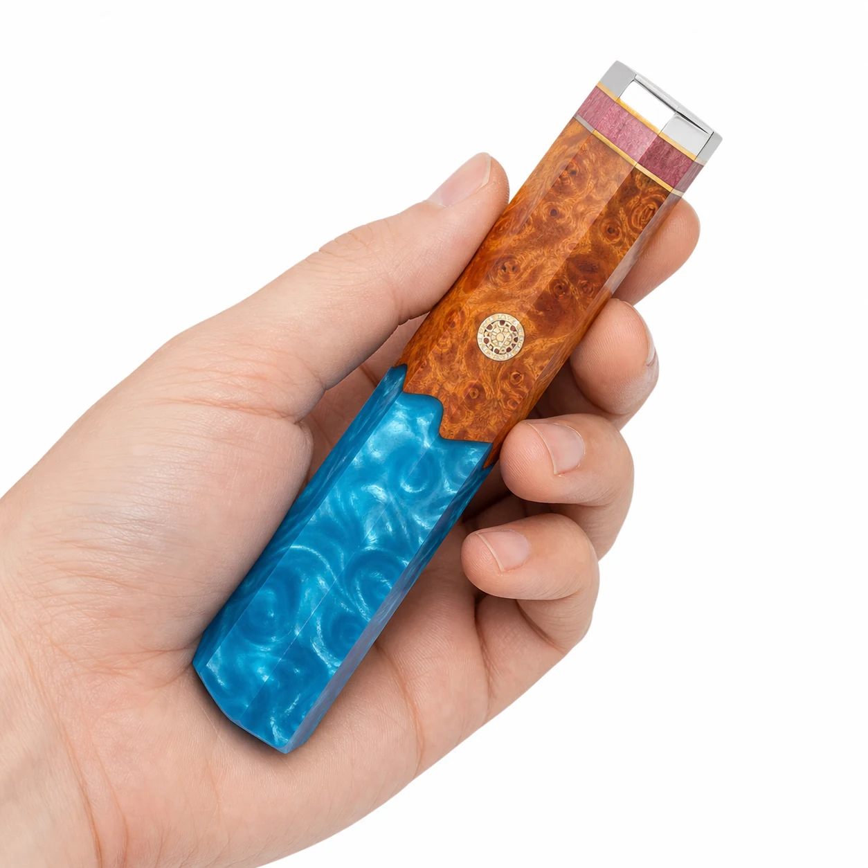 Knife handle blank held in hand for DIY knife accessory scale
