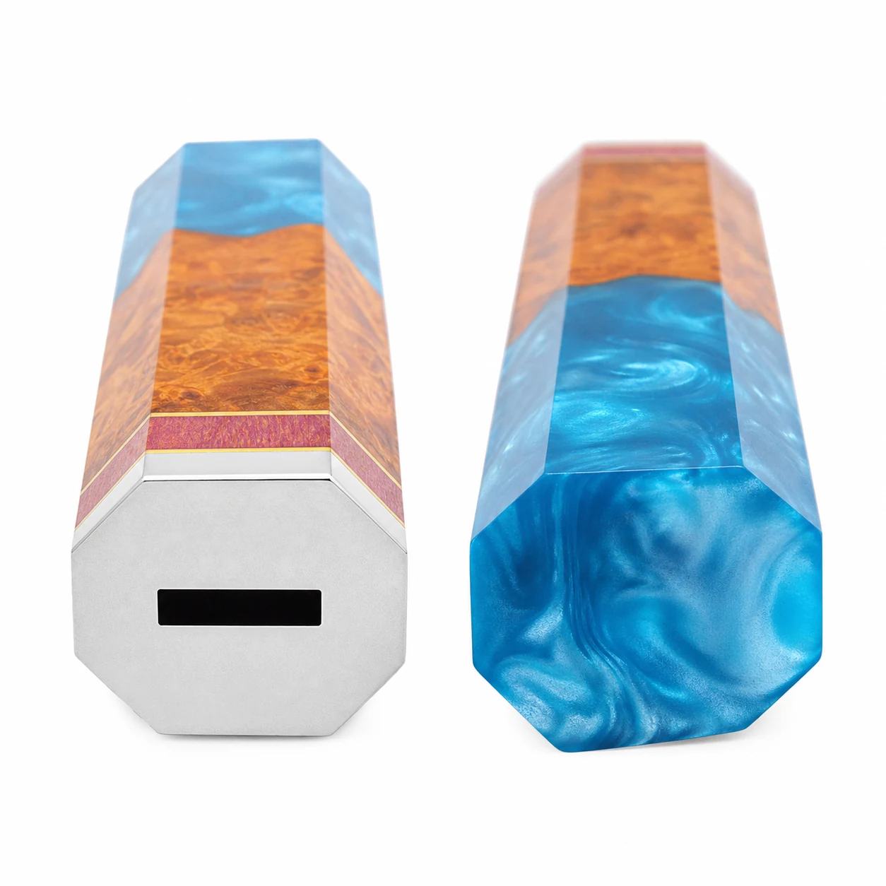 Knife handle blank tang slot and blue resin octagonal end views