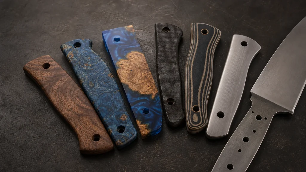 Natural wood, stabilized wood, resin, Micarta, G-10 and metal knife handle materials