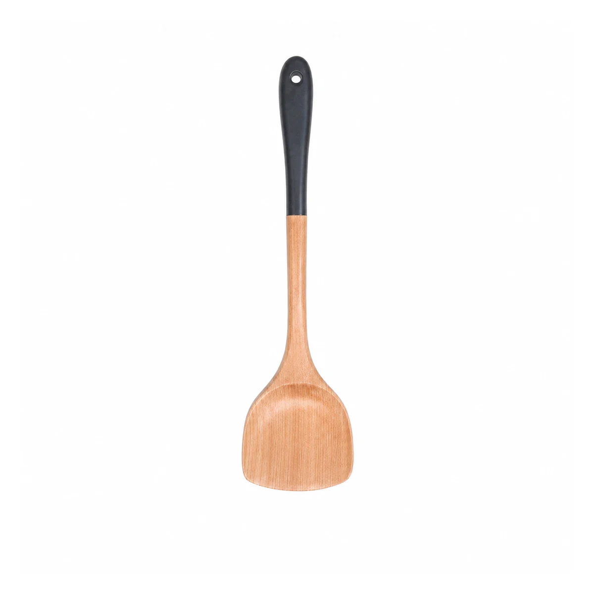 Wooden cooking spoon with black lacquered handle on white background