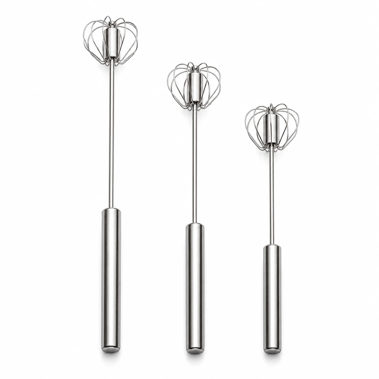 Three stainless steel rotary whisks in different sizes