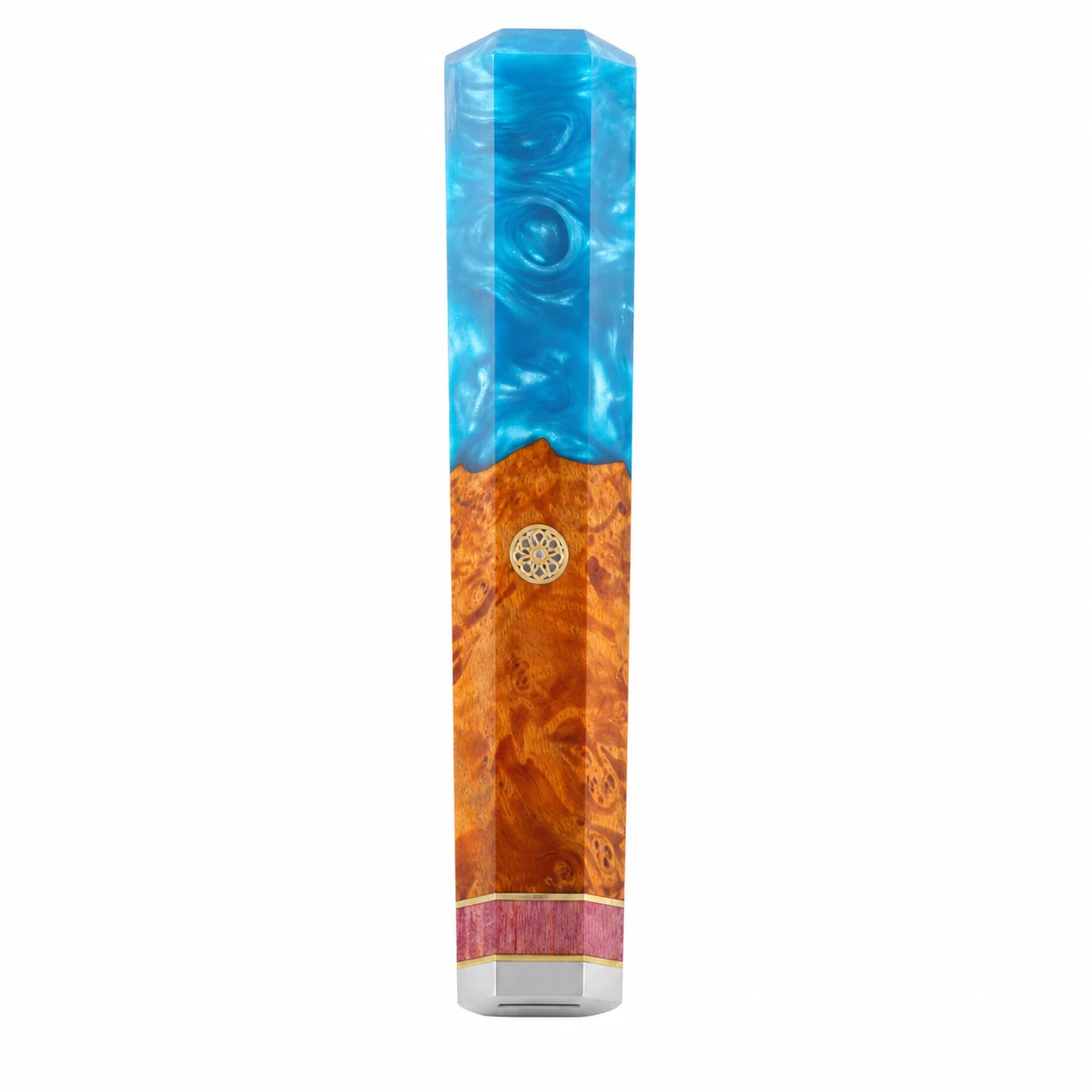 Octagonal knife handle blank in blue resin and burl wood