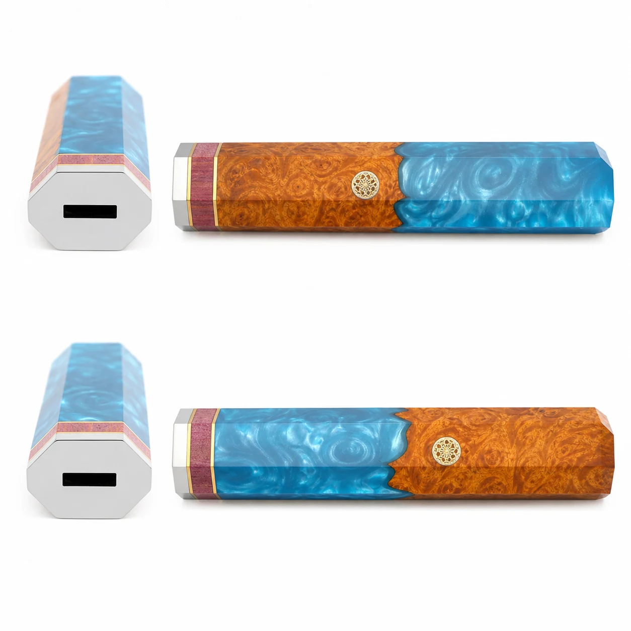 Knife handle blank blue resin and stabilized wood side views