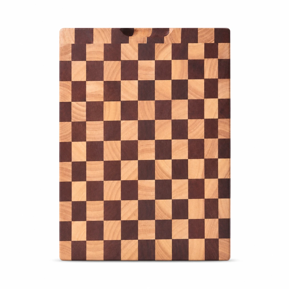 Checkerboard wood cutting board with integrated side grip