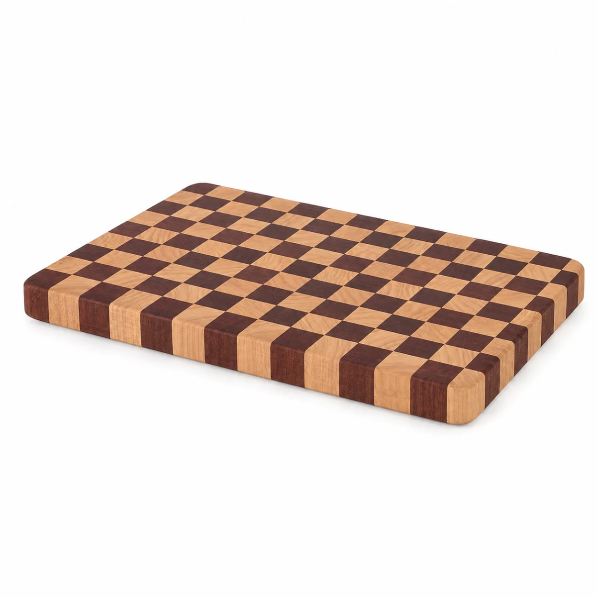 Smooth edge checkerboard wood cutting board on white background