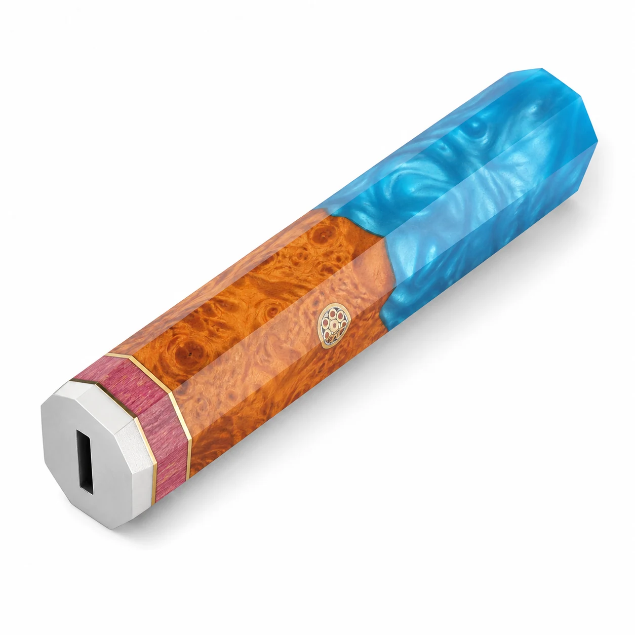 Knife handle blank with blue resin stabilized wood and tang slot