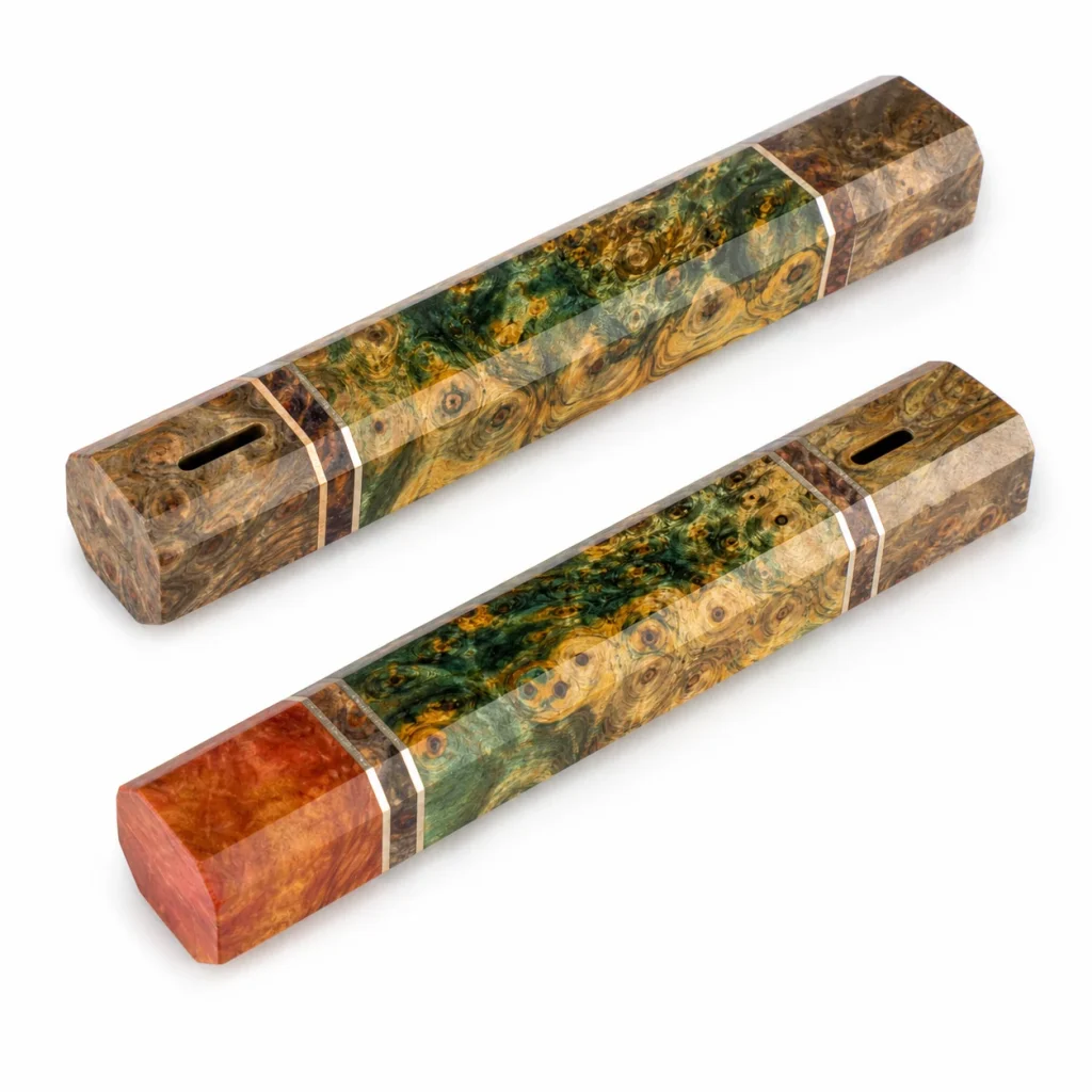 Stabilized wood knife handle blanks with octagonal profile on white background