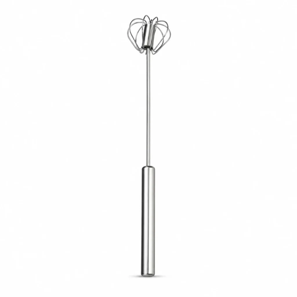 Stainless steel rotary whisk on a white background