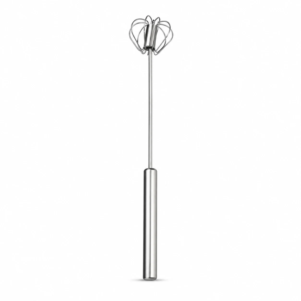Stainless steel rotary whisk on a white background