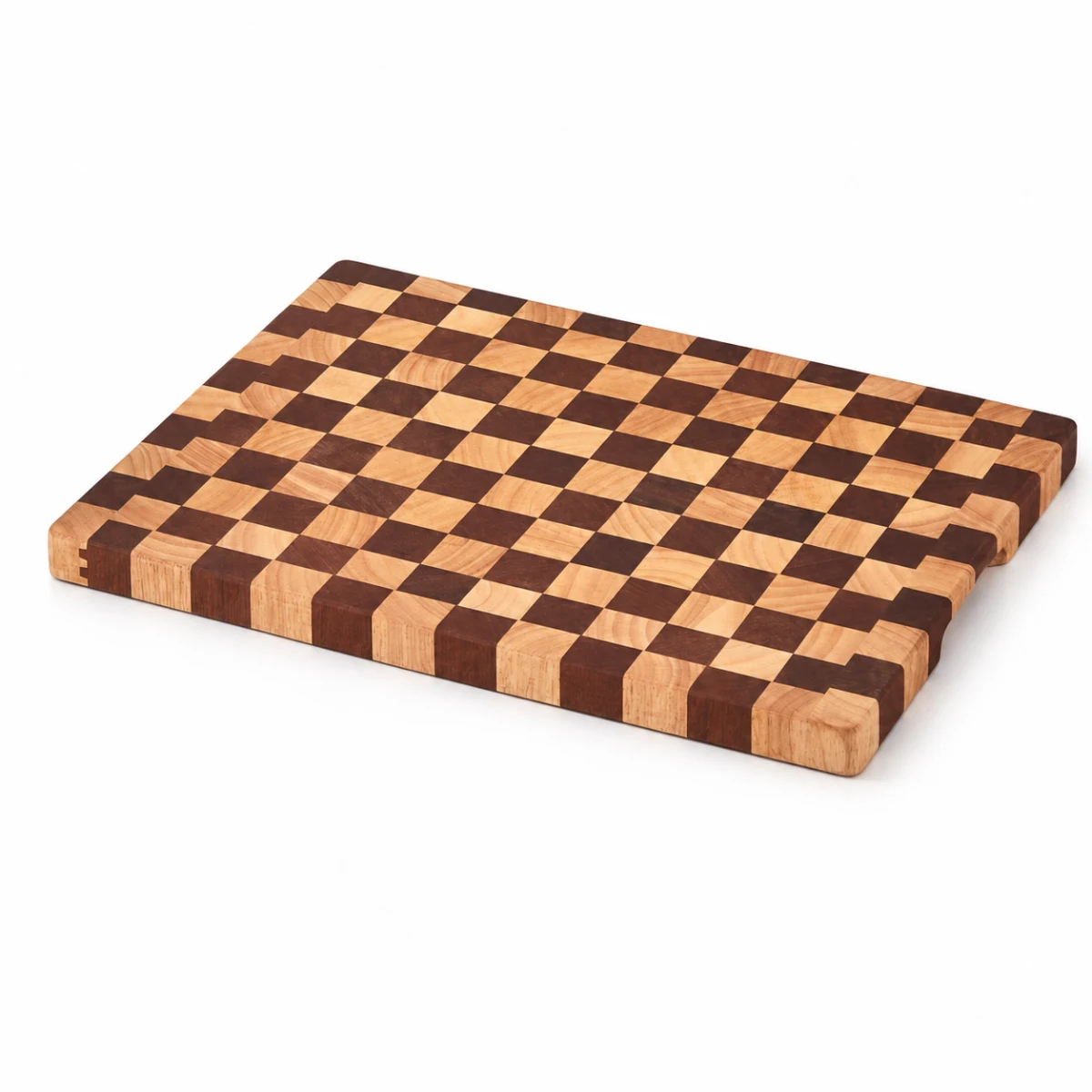 Thick checkerboard wood cutting board on white background