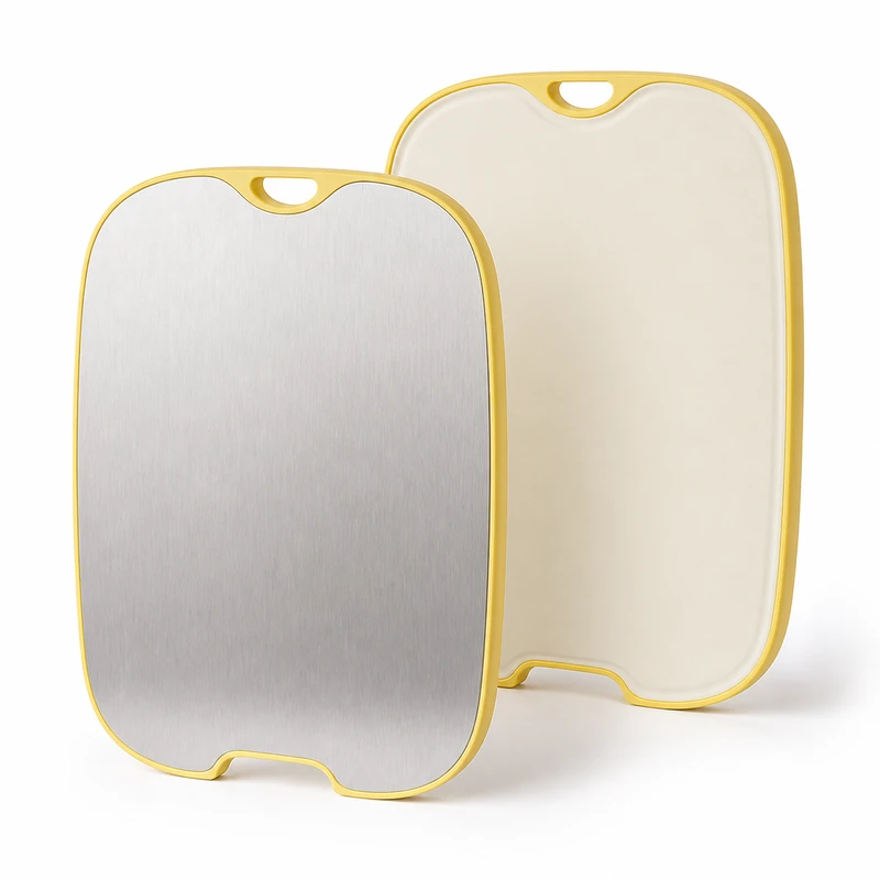 Stainless steel cutting board with yellow frame and reversible PP side