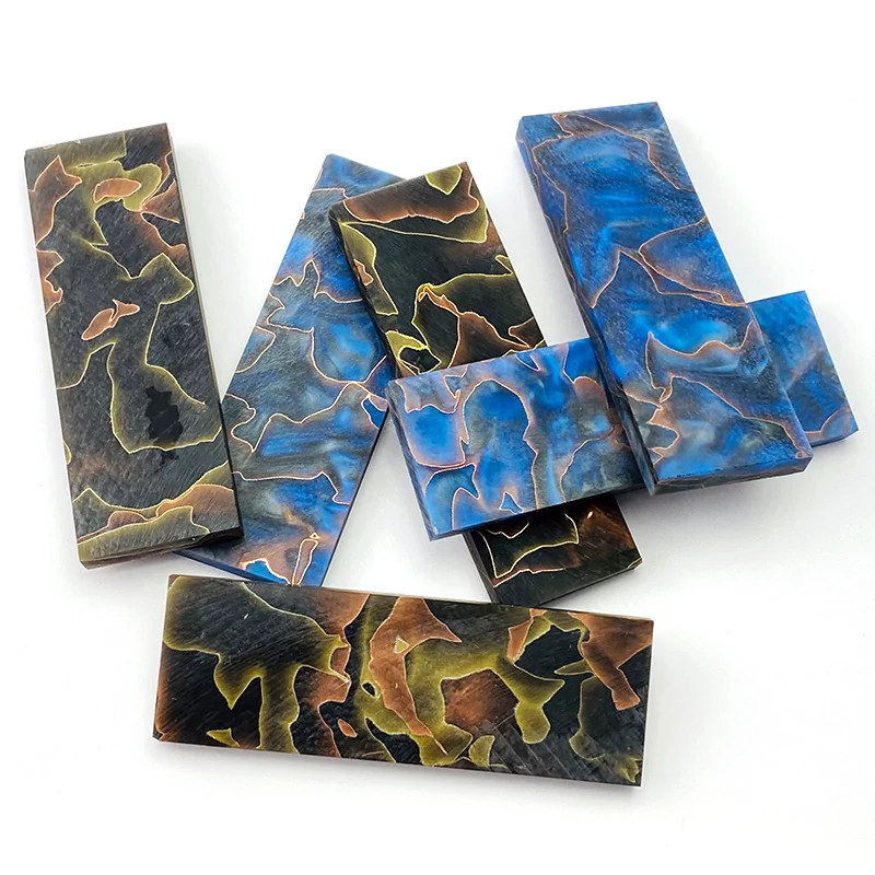 Resin knife handle scales with blue black and copper mesh patterns