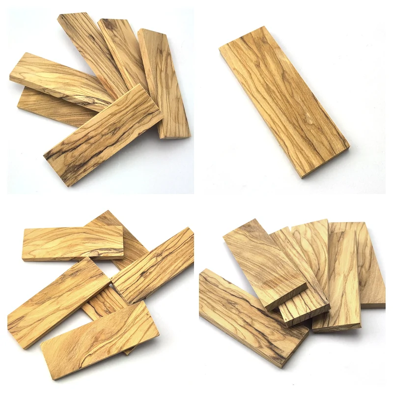 Four olive wood knife handle blank views showing grain options