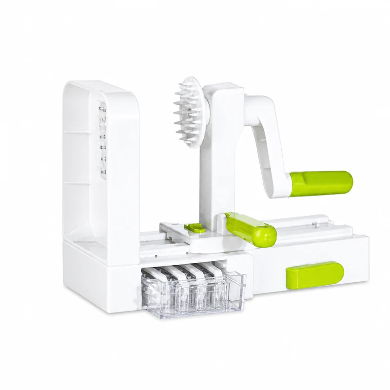 Manual vegetable spiralizer with white body and green hand crank