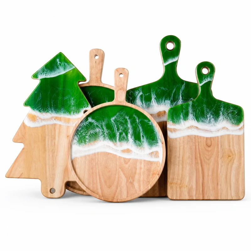 Ocean wave resin cutting board set made from rubberwood