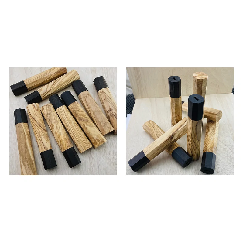 Comparison of octagonal olive wood knife handle styles and tang slots