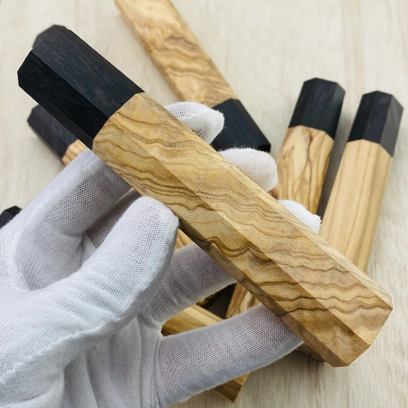 Octagonal olive wood Japanese knife handle with a dark ebony ferrule