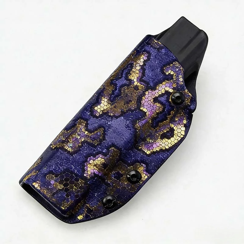 Finished knife sheath formed from blue patterned Kydex sheet