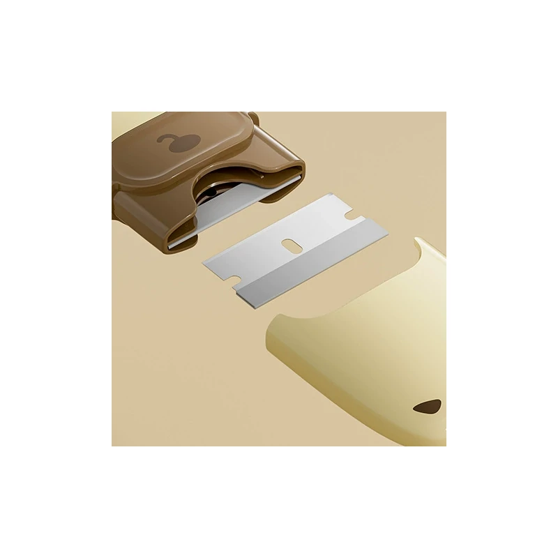 Close view of the stainless steel blade and housing on a razor blade scraper