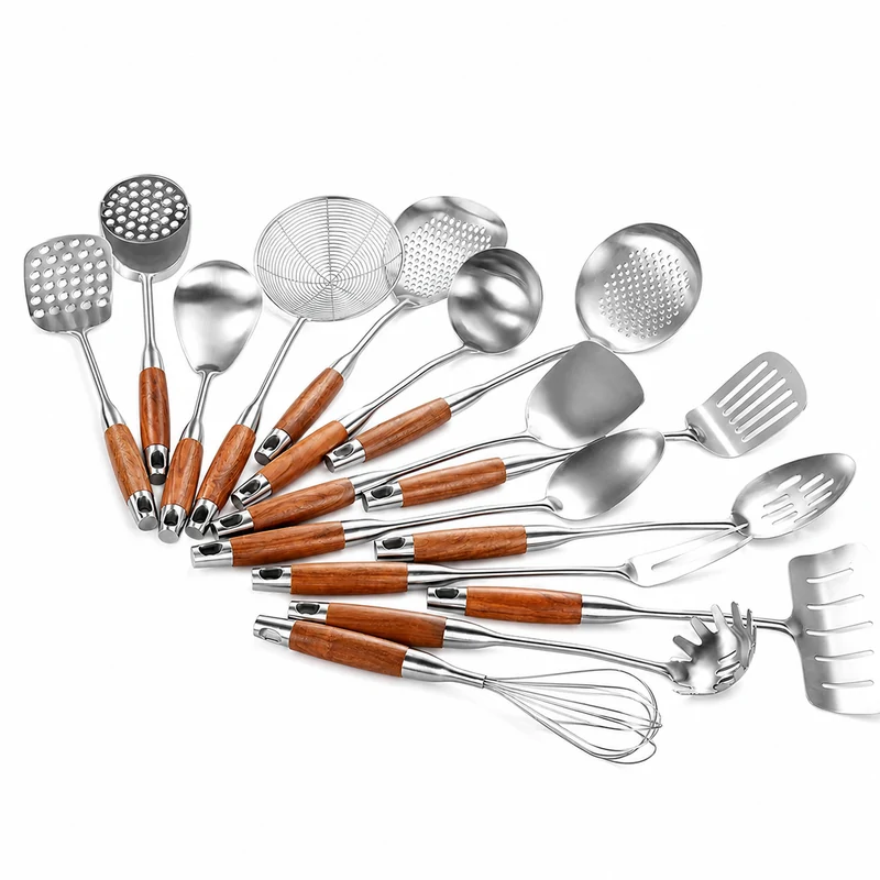 Stainless steel kitchen utensils with rosewood handles on a white background