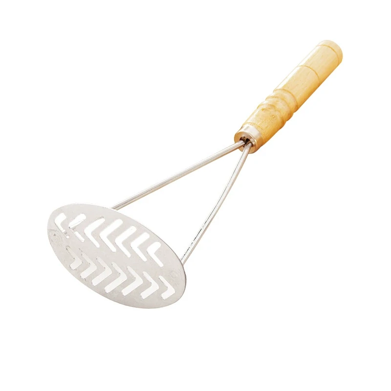 Stainless steel potato masher with wooden handle on a white background