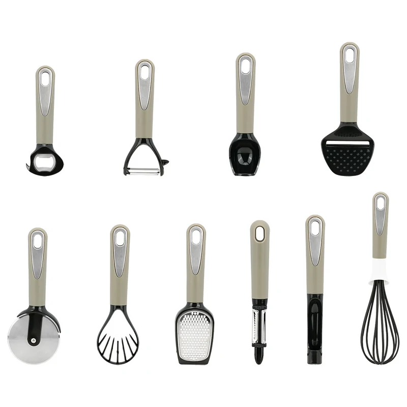 Ten piece kitchen utensil set with coordinated gray and black handles