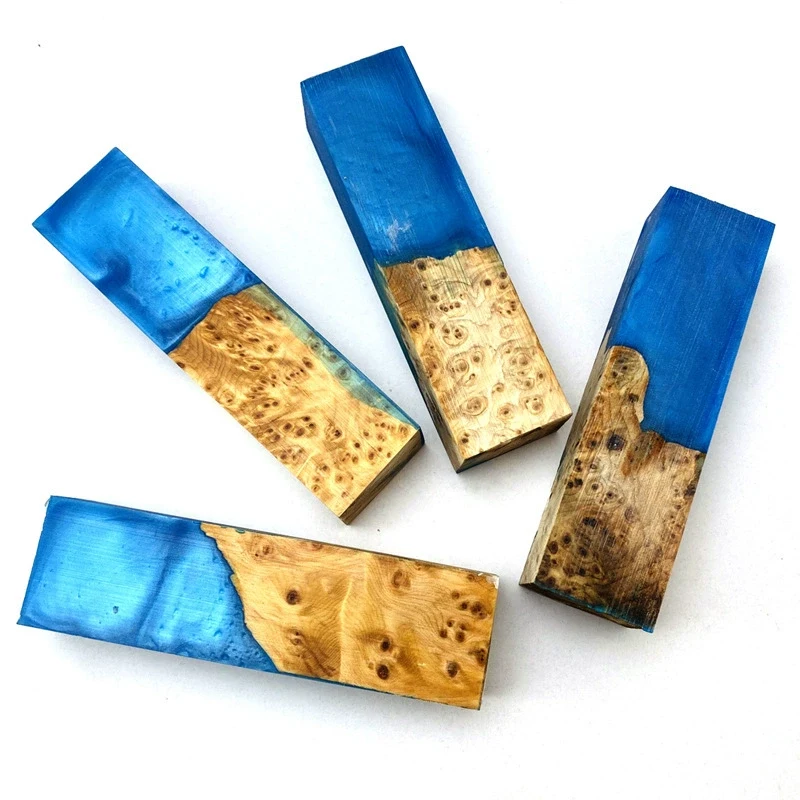 stabilized wood knife handle blanks with blue resin and burl grain